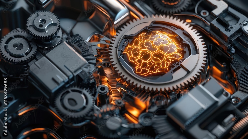 Aufkleber gear mechanism concept. close-up of intricate mechanical gears and components with glowing effects.