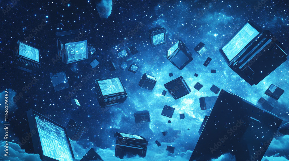 Poster laptop and monitor. computers themes in low-poly wireframe starry sky and cosmos style. technology a