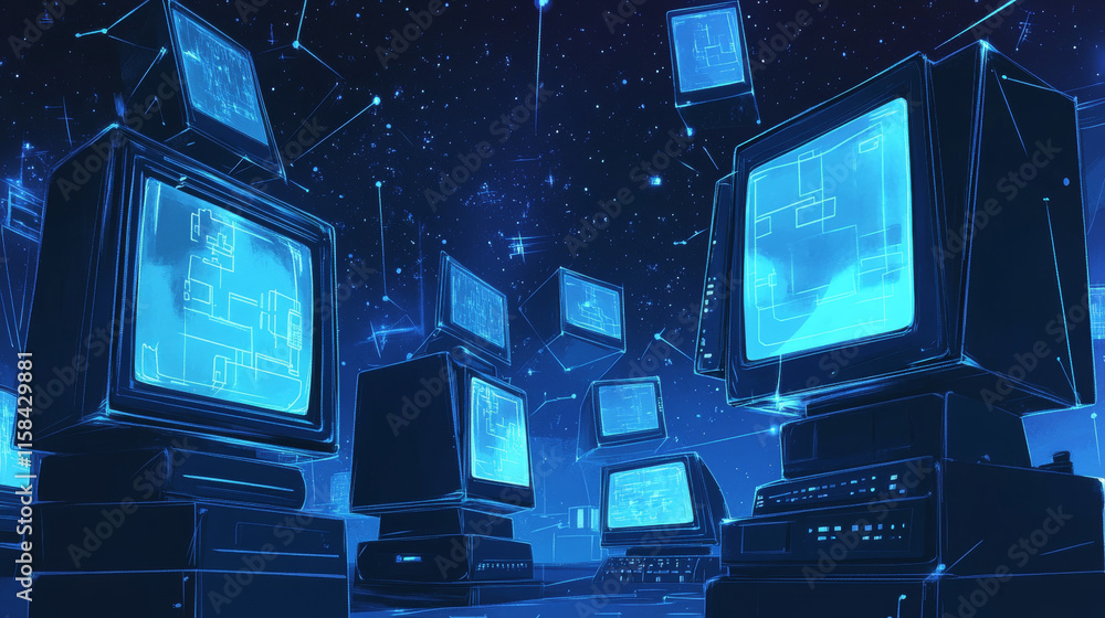 Poster laptop and monitor. computers themes in low-poly wireframe starry sky and cosmos style. technology a