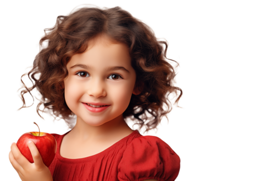 Portrait of a curly smiling girl holding a red apple in her hand isolated on a transparent background.