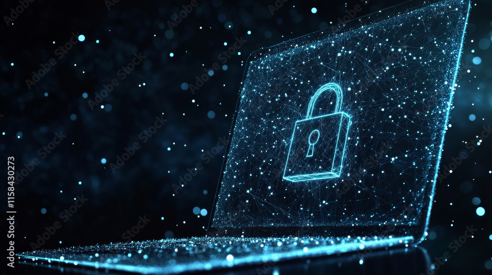 Poster lock on laptop screen. low poly wireframe vector illustration. digital data protect or secure concep