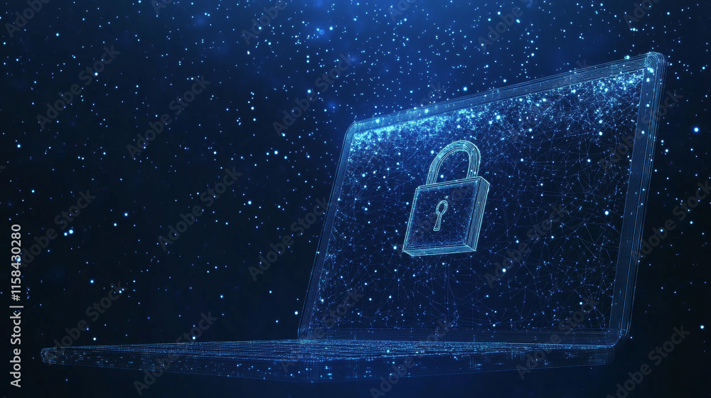 Aufkleber lock on laptop screen. low poly wireframe vector illustration. digital data protect or secure concep