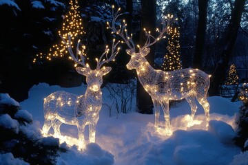 Beautiful Winter Scene Featuring Illuminated Wire Deer Amidst Snowy Landscape and Twinkling Christmas Lights in a Serene Outdoor Setting