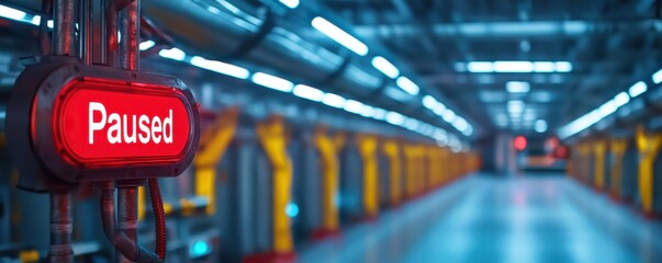 Digital display in a factory showing 'Paused' in bold red, highlighting a temporary halt in production.