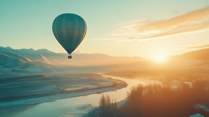 A lone hot air balloon rising through the golden soft light of dawn over a peaceful landscape