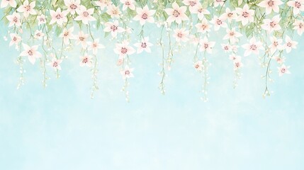 Delicate watercolor painting of white flowers hanging against a light blue background.
