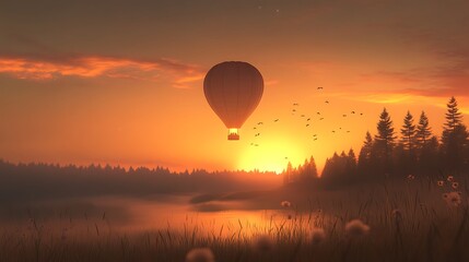 Hot air balloon soaring gracefully in the warm, soft light of dawn over a peaceful countryside