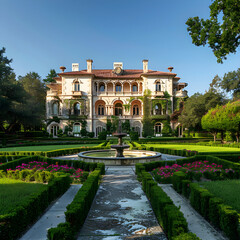 Obraz premium Elegant Estate with Manicured Gardens and Grand Mansion Under Clear Blue Sky