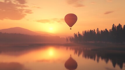 Hot air balloon soaring peacefully through the soft golden light of dawn over a tranquil lake