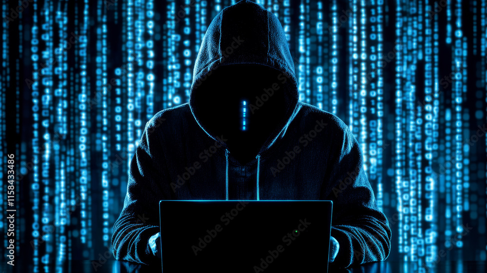 Poster fraud or scam background. abstract hacker behind the monitor hologram with programmer code. cybercri