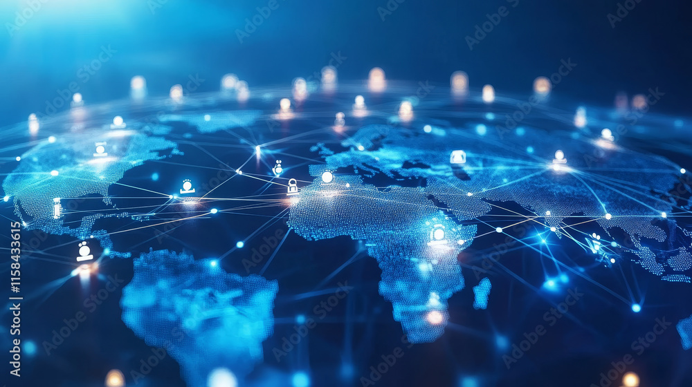Poster abstract global dot network circle digital connection and communication futuristic on blue backgroun