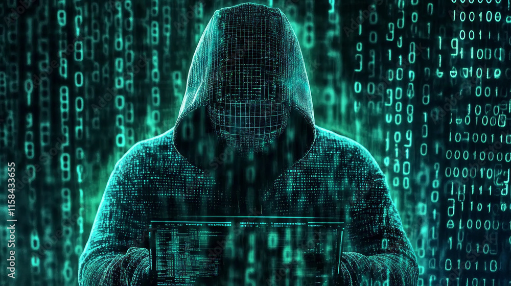 Poster fraud or scam background. abstract hacker behind the monitor hologram with programmer code. cybercri