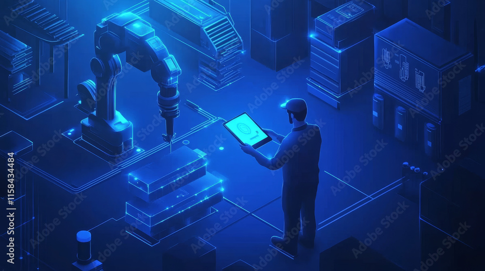Poster abstract polygonal engineer holding tablet and controlling robotic arm and robotic tool. smart techn