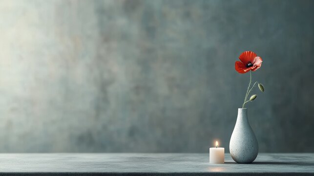 A peaceful arrangement of red poppies and candles. Reflects remembrance, respect and hope. Ideal for commemorations and tributes on Remembrance Day, Anzac Day and Remembrance Day.