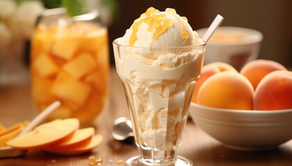 Composite of ice cream in glass on table and national ice cream day text over peach background