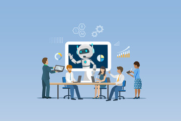 Diverse people in meeting using AI robot on computer as powerful search engine for smart data analyzing. Artificial intelligence innovation technology to define smart solution. 3D vector.