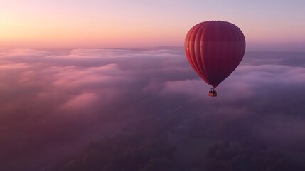 Obraz premium Hot air balloon soaring high in the soft light of dawn with a view of the quiet landscape below