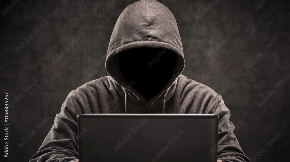 Poster abstract digital hacker. cyber security concept. a man wearing a hoodie with a hidden face in front 