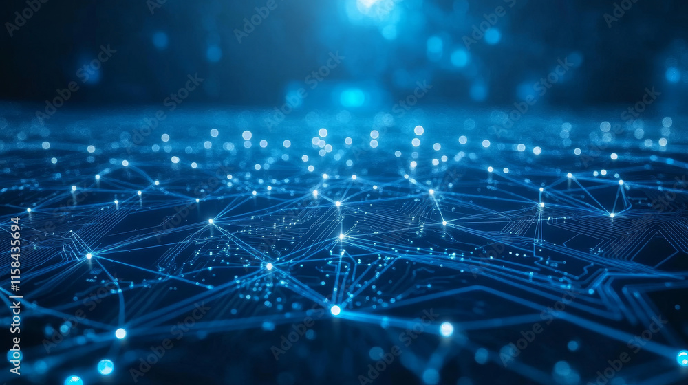 Poster abstract digital circuit board on technology blue background. circuit connected lines and dots on ab
