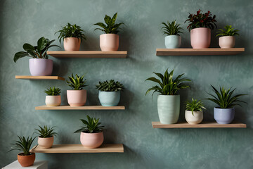 Fototapeta premium Indoor Houseplants in Pastel Planters, A serene collection of greenery bringing life and soft color to the home, perfect for a cozy interior,