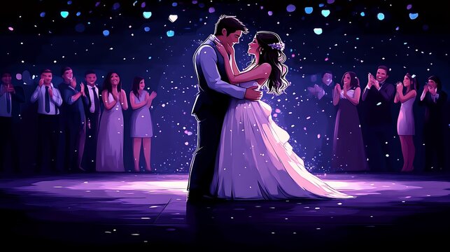 Romantic wedding couple's first dance, surrounded by cheering guests under sparkling lights. - Powered by Adobe