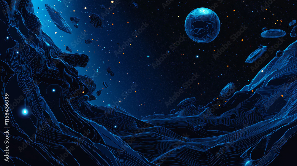 Poster abstract tech background with low poly wireframe elements. space technology background in blue. dark