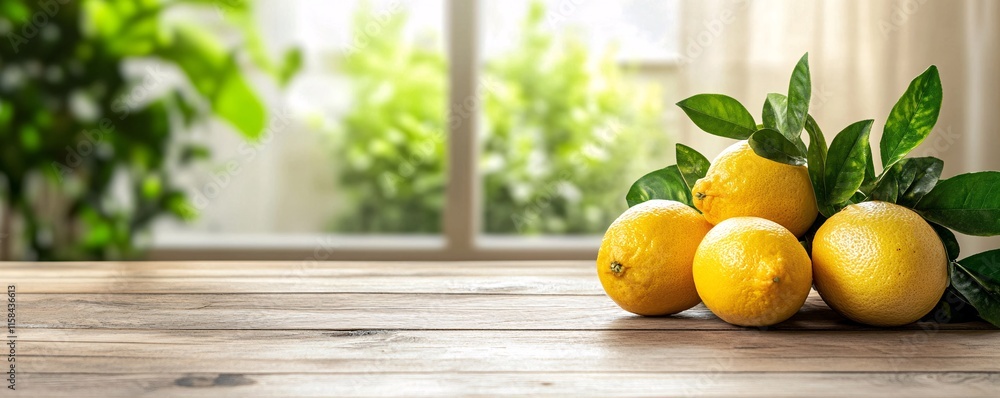 Poster Freshly picked lemons resting on rustic wooden table with green window view
