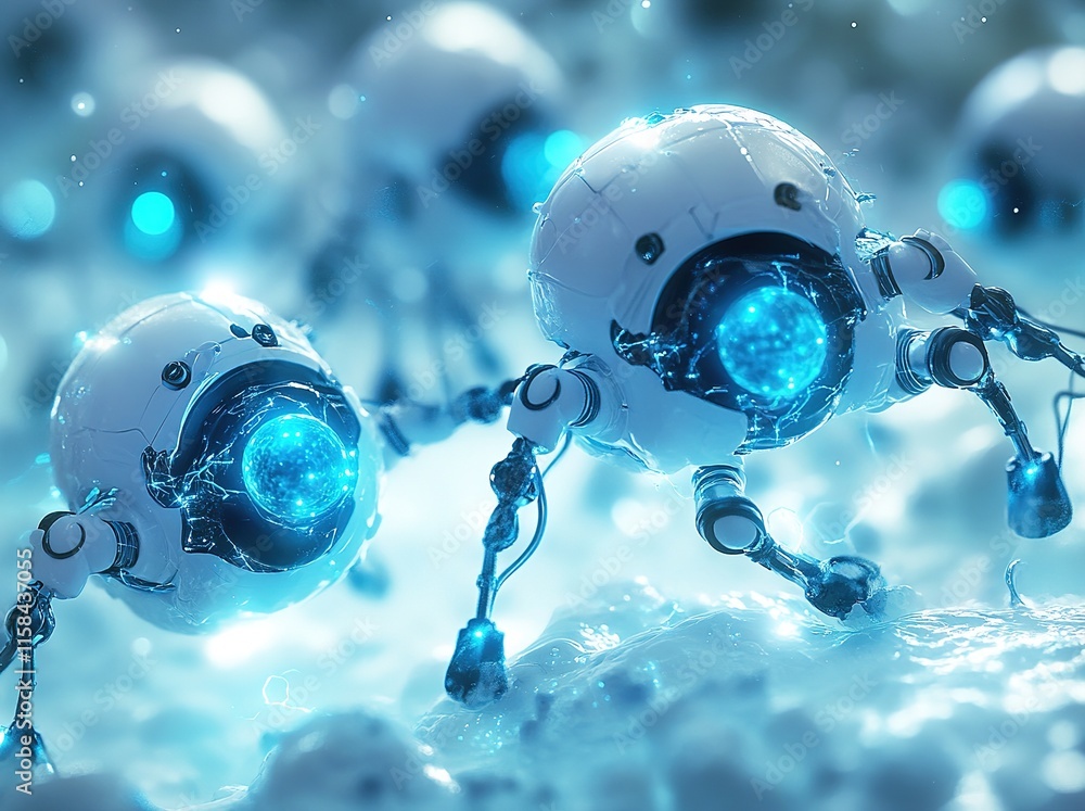 Poster nano robots in action closeup of tiny sleek nanotechnology performing tasks