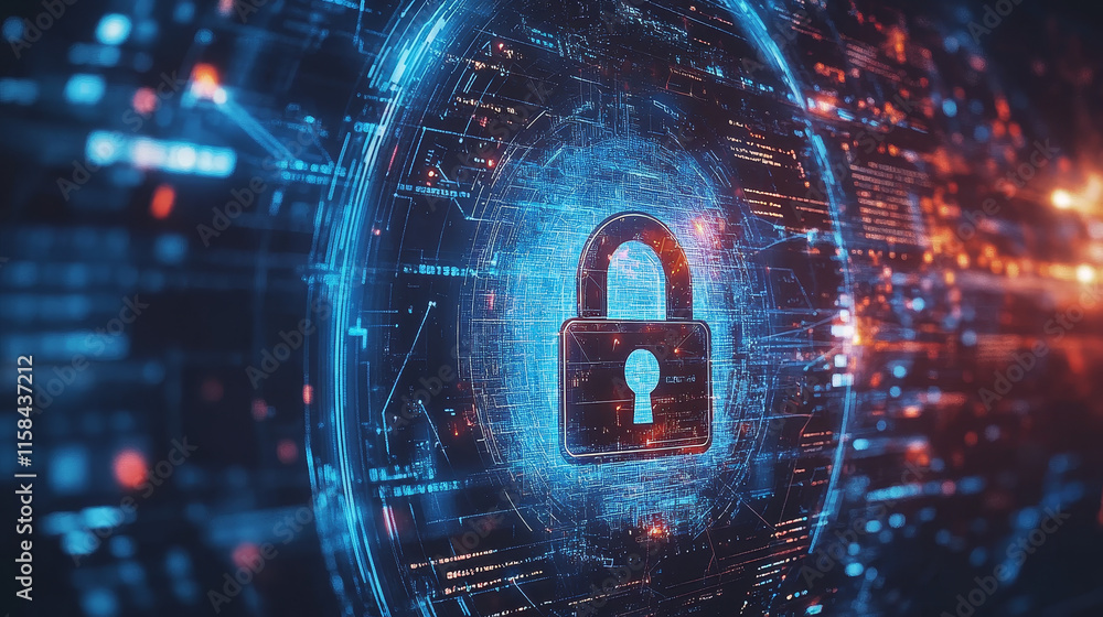 Poster abstract cyber security with padlock blue hud interface icon and circle technology future cyber back