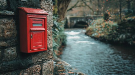 Red Postbox by a River, English Charm