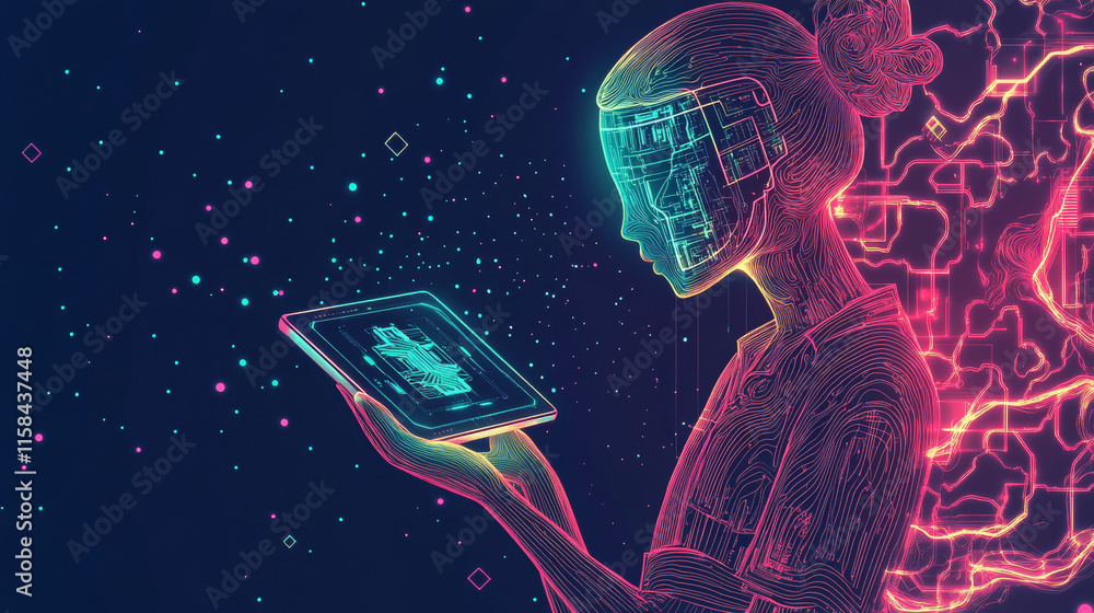 Poster abstract wireframe man holding tablet with ai chip hologram. technology innovation background. tech 