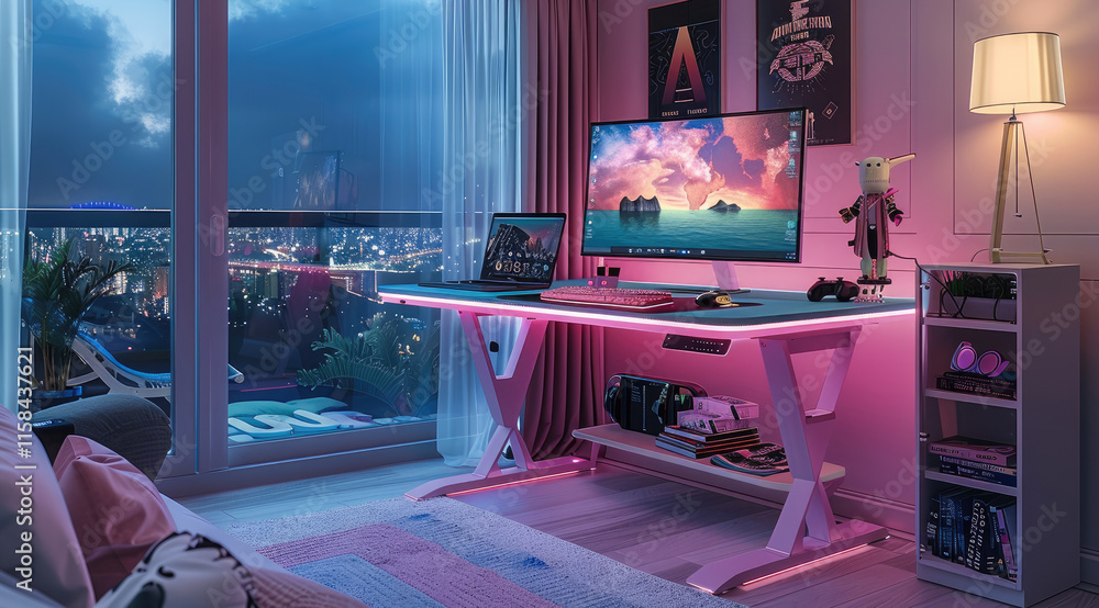 Aufkleber gaming desk in the middle of a nerds bedroom with pink and blue aesthetics and the desk has the feat