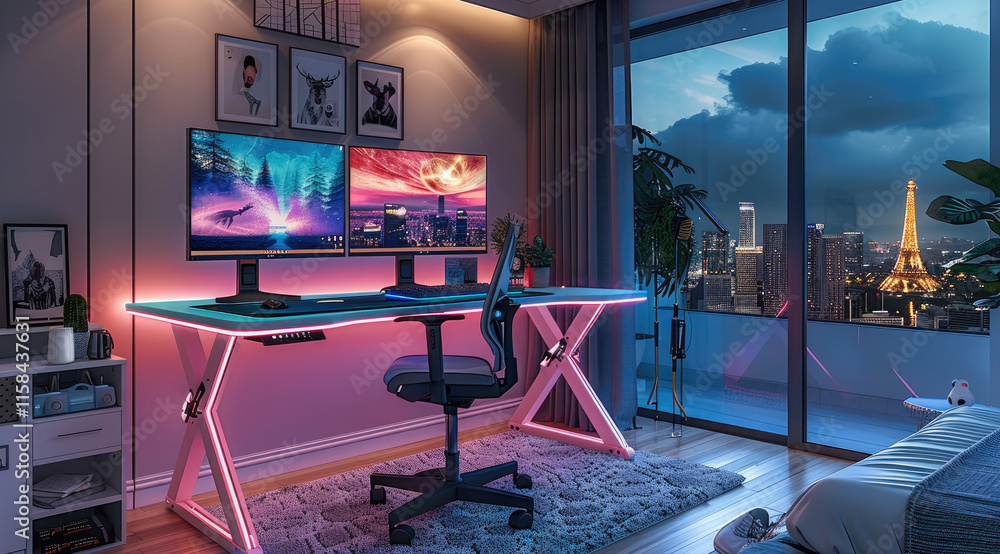Aufkleber gaming desk in the middle of a nerds bedroom with pink and blue aesthetics and the desk has the feat