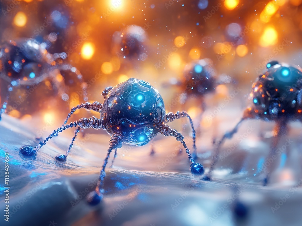 Poster nano robots in action closeup of tiny sleek nanotechnology performing tasks