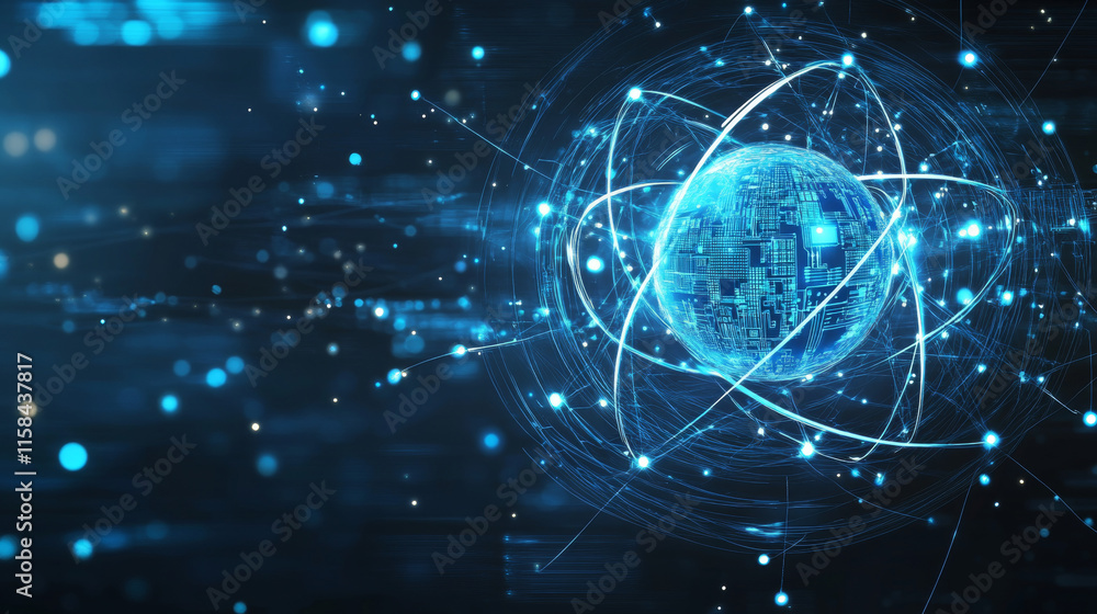 Poster ai chip and abstract digital atom icon on technology background. science tech bg. circuit light line