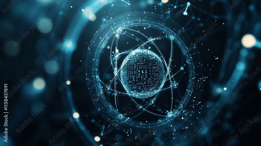 Poster ai chip and abstract digital atom icon on technology background. science tech bg. circuit light line