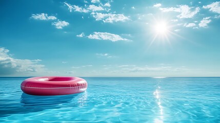 Peaceful pool raft floating on a pristine pool with bright sunshine overhead