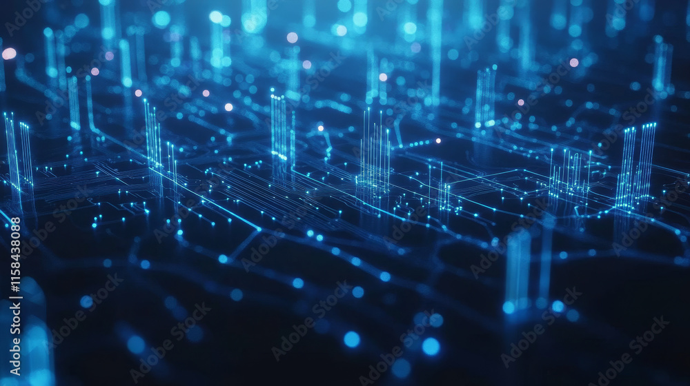 Poster abstract ai circuit board background. technology connected blue lines with electronics elements on t