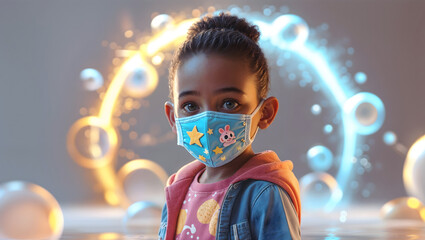 A cheerful young girl wearing a patterned face mask adorned with stars and characters, illuminated by vibrant bubbles and light effects, embodying joy and resilience in a playful atmosphere.