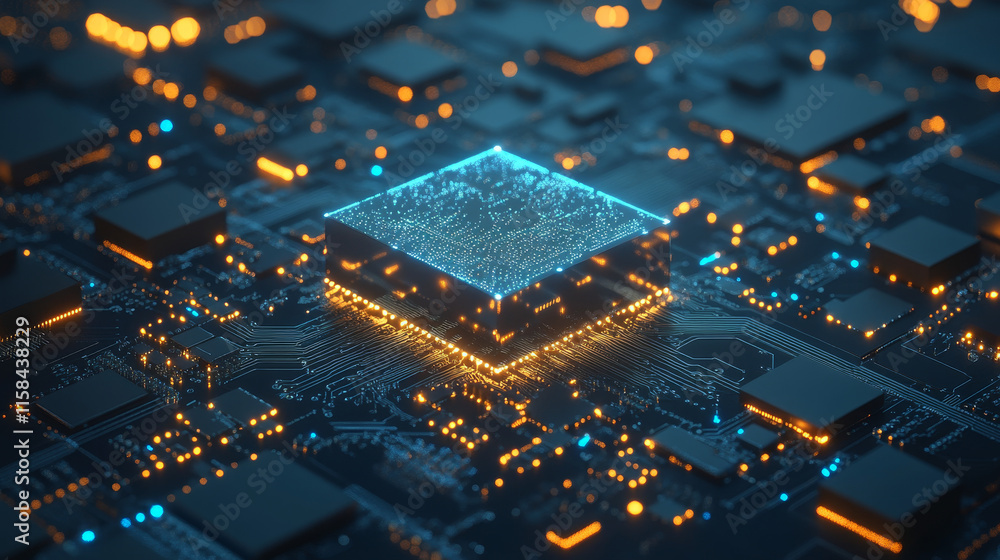 Poster abstract ai circuit board background. technology connected blue lines with electronics elements on t