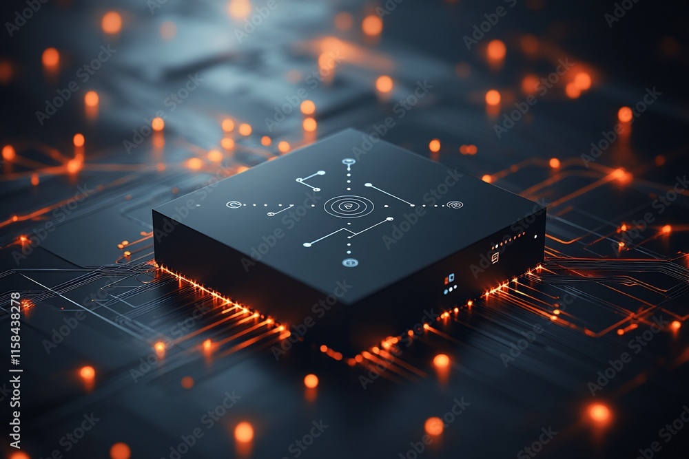 Poster black cube with glowing circuitry on a dark surface.
