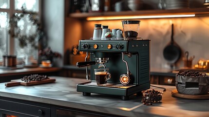 Fototapeta premium A modern and minimalistic kitchen, showcasing clean lines and a neutral color palette. A dark green espresso machine on the sleek countertop.