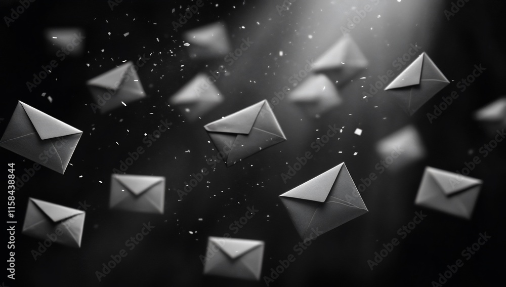 Poster abstract grayscale image of numerous envelopes floating in dark space, suggesting digital communicat