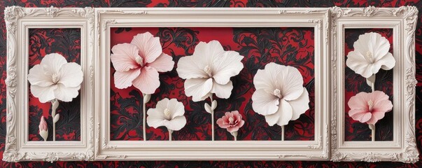 Hibiscus floral abstract background concept. Elegant wall art featuring beautiful, handcrafted floral designs in shadow boxes.