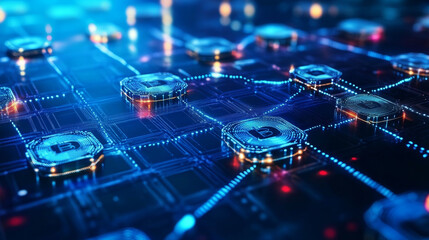 Digital square abstract and digital circuit, circle, hi-tech, blockchain, technology, cryptocurrency, decentralized on blue background, modern, futuristic.