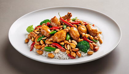 An elegant and meticulously styled presentation of the famous Chinese dish, Kung Pao Chicken, photographed from a high-angle perspective to emphasize its vibrant composition,  elegant food 