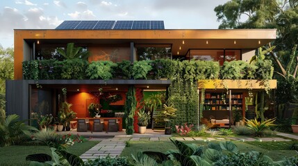 Obraz premium A modern eco-friendly house with solar panels, green walls, and a colorful exterior paint job. 