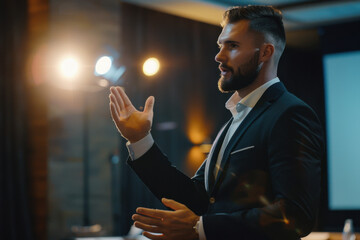 Confident Presenter Engaging Audience at Business Seminar