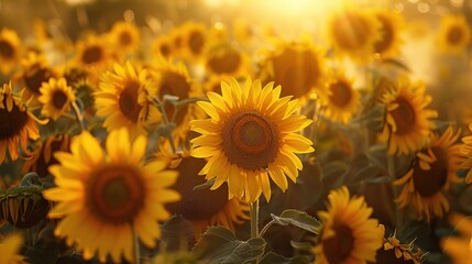 Fototapeta premium Golden Morning Sunrise Over a Stunning Sunflower Field Landscape