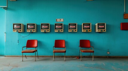 Abandoned control room filled with monitors displaying static and forgotten data, echoing a lost era of technology.